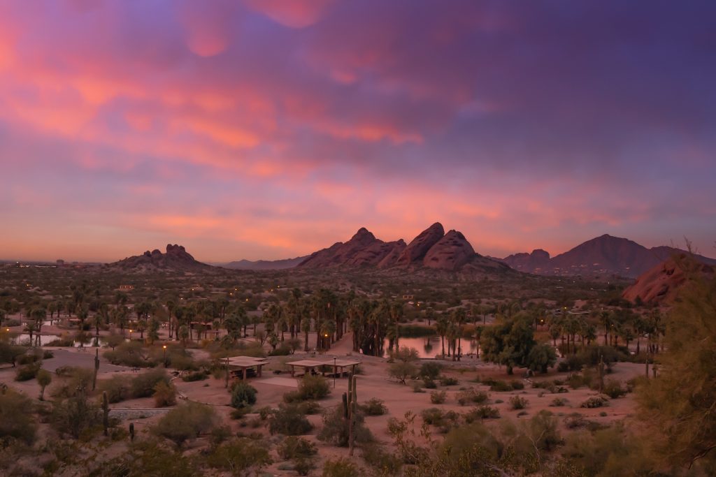 Papago Park and Camelback Mountain, Phoenix, AZ at sunset.