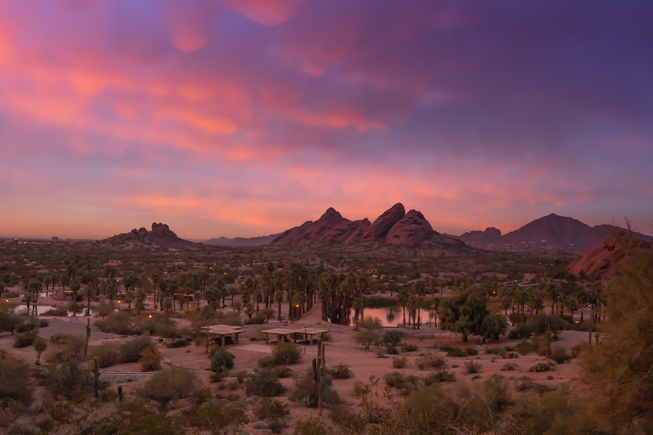 Papago Park and Camelback Mountain, Phoenix, AZ at sunset.