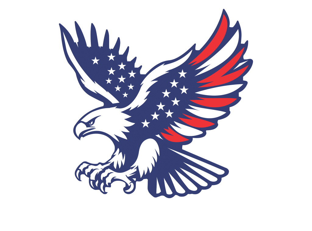 A bald eagle illustrated with colors, stars, and stripes from the American flag.